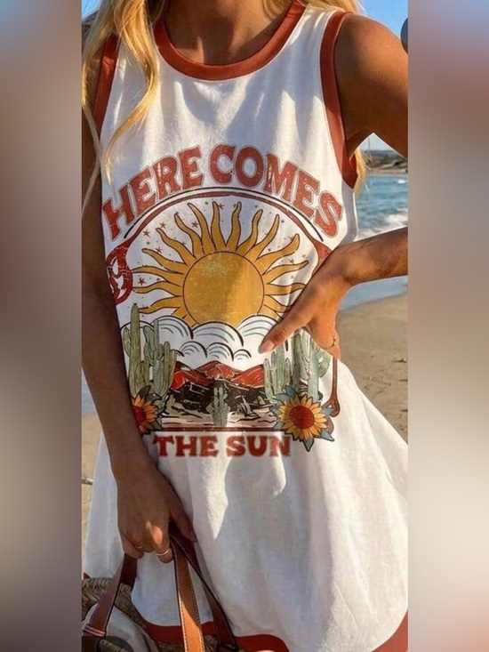 Dresses & Skirts - Graphic 'Here Comes The Sun' White Tank Dress with Sunflower Print